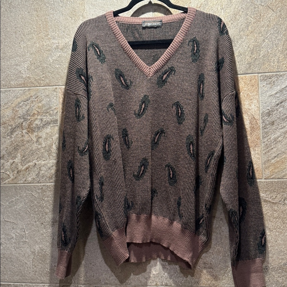 VTG J.T. Beckett V-Neck Paisley Grandpa Cosby Knit Wool Blend Sweater Italy✨️XL